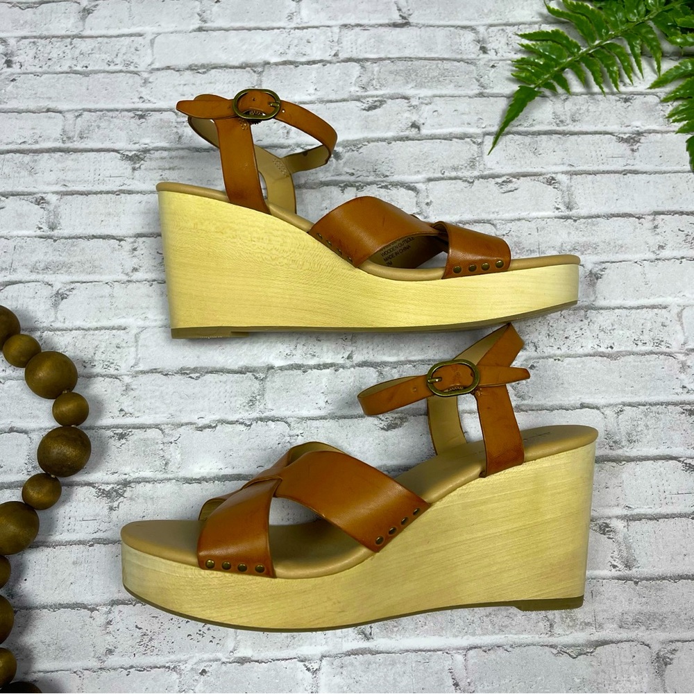 Loft Women’s Cognac Camel Brown Wooden Wedge Sandals Size 7 Bohemian Neutral 90s - Picture 9 of 13